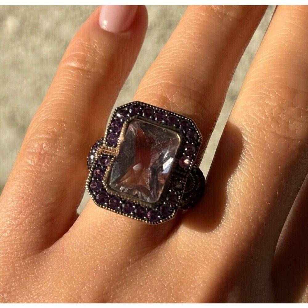 925 STERLING SILVER GOLD PLATED MORGANITE & AMETHYST RING  SIZE 6
